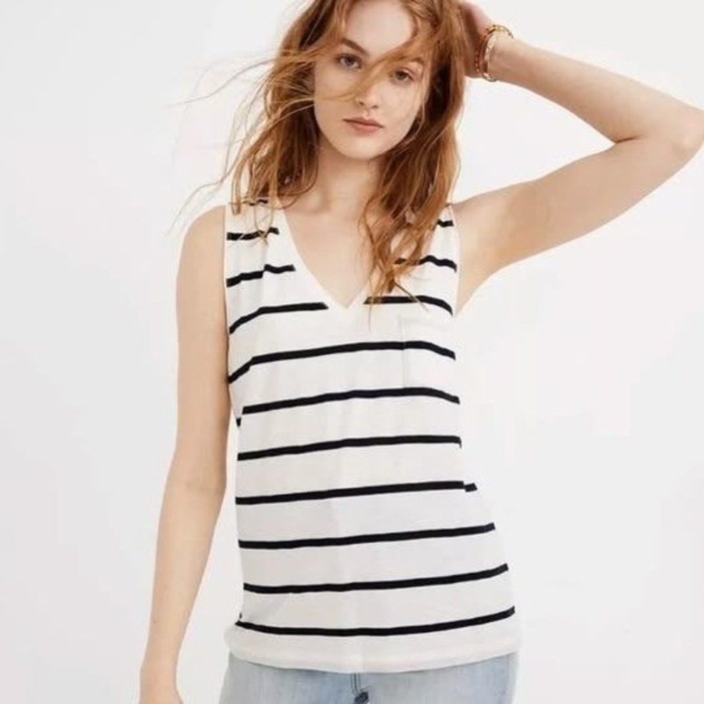 Madewell Tank Top Womens Size Small White Black Striped V-Neck‎ Pocket Cotton
